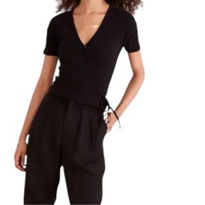 Madewell Woman's Size Small True Black Ribbed Wrap Crop Top Adjustable Ties
